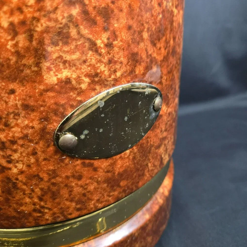 Vintage MCM Faux Burl Wood Ice Bucket w Brass Handle Lid & Tongs Retro Barware